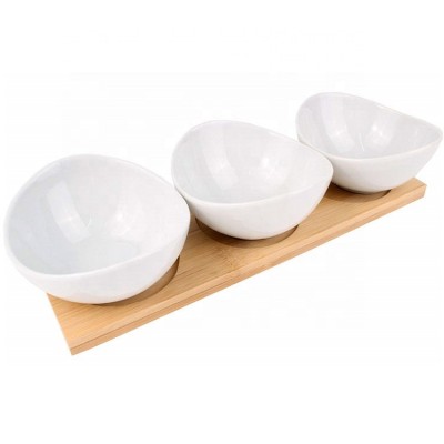 South American catering serving novelty cheap price ceramic white bowl with wooden tray