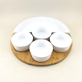 Factory good quality korean ceramic plate and bowl set with wood stand